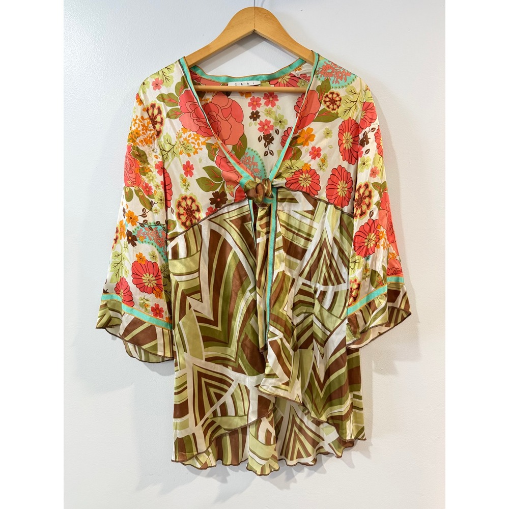 Cabi 100% Silk Y2K Boho Floral Kimono Top Bell Sleeve Tie Front Size Medium